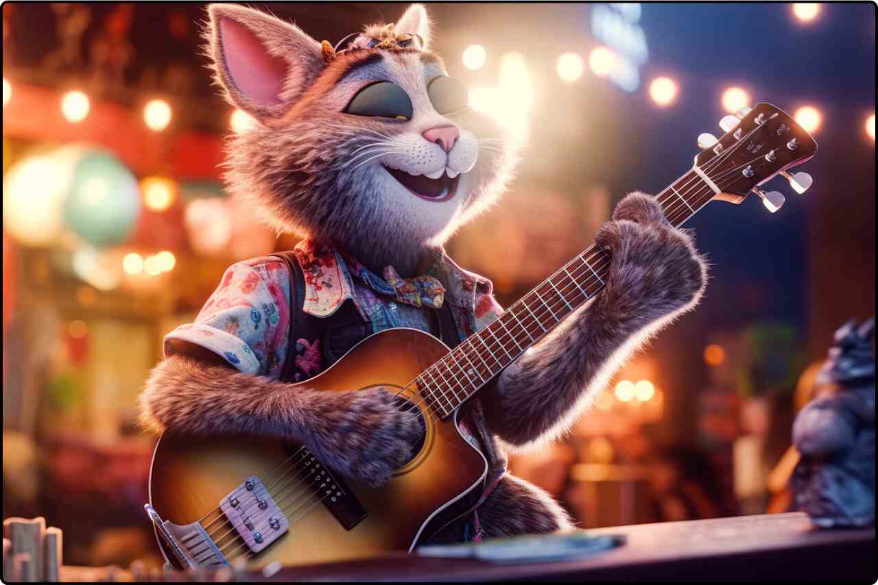 AI-generated image of a cat playing a guitar in a cozy bar setting.